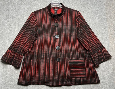 Chaqueta Ali Miles Mujer 1X Rayas Rojas Artística Línea A Cuello Moldeable Cómoda Topper Foto 1 de 4