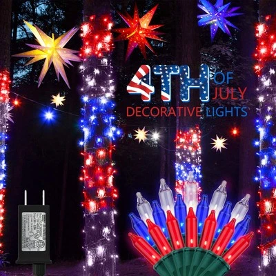 BRBECON Red White Blue String Lights - 100ft 300 LED 4th of July Decoration Patriotic