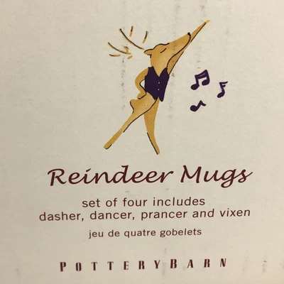 POTTERY BARN Reindeer MUG Set 4 Dasher Dancer Prancer Vixen Christmas 2003 12oz - Image 1 of 4