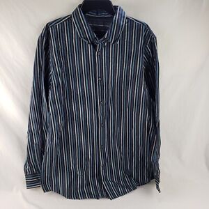 Attention Mens Button Front Long Sleeve Shirt Black Blue Striped Size XL New