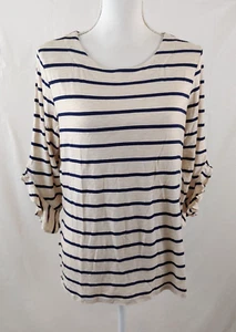 Chicos Womens Top Sz 1 Beige Blue Striped Short Ruffle Sleeve Medium Rayon - Picture 1 of 8