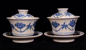 4.7" china antique ming dynasty chenghua mark porcelain a pair lily pattern cup