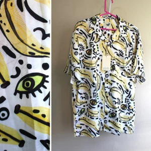 Art Hoe Shirt David's Wear Mens XL Button Up Recycled Poly NWT Banana Motif S/S - Picture 1 of 6