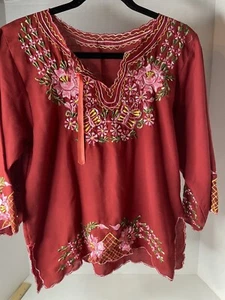 Vintage 60s Red Embroidered Blouse Mexico boho Tunic Lightweight - Picture 1 of 13