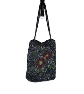 Avenue Floral Beaded Black Velvet Handbag Purse - Picture 1 of 8