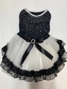 Doggie Glamour Glitter Black Dress With Netting Black Lace & Bow - Picture 1 of 5