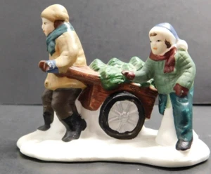 Christmas Holiday Figure Kids With Wheelbarrow And Christmas Tree Ceramic - Picture 1 of 7