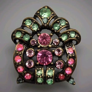 Vintage Radio Scatter Pin 30s Style Green Pink Rhinestone Brooch Aged Gold Tone  - Picture 1 of 4