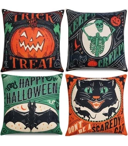 Set of 4 18x18" Vintage Halloween Black Cat Pumpkin Skeleton Throw Pillow Covers - Picture 1 of 3