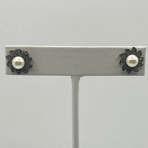 Vintage Pearl Flower Stud Post Earrings Marcasite Silver Tone - Picture 1 of 6