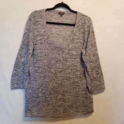 Talbots XL 毛衣蓝色白色希瑟亚麻丝绸混纺 V 领沿海海滩 — 第 1/4 张图片