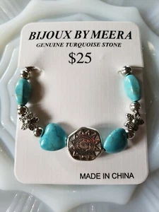 Genuine Turquoise Stone Bracelet Bijoux By Merra Silvertone Boho Hippie Jewelry - Picture 1 of 4