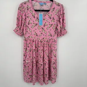 Draper James Lee Ann Dress Small Pink Magnolia Floral Stretch Puff Sleeve Tiered - Picture 1 of 10