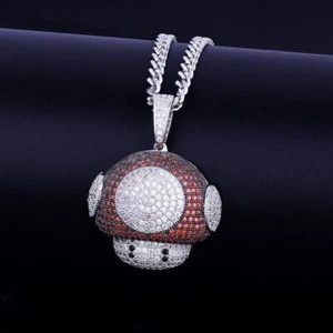 Mario Mushroom 5A Micro Pave 18k Gold 925 Silver Plated Bling Chain Pendants - Picture 1 of 13