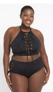 Cacique Lane Bryant Swimsuit Black Lace Up Wirefree Size 28 NWOT Two Piece - Picture 1 of 17