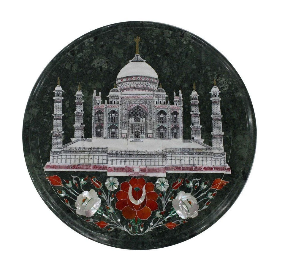 12" green marble side end taj mahal Table Top Inlay Handicraft Home garden Decor - Image 1 of 3