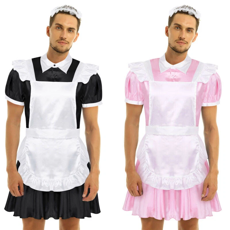 Conjunto de uniforme de criada francesa Sissy para hombres vestido de satén disfraz de fiesta disfrazado elegante Foto 1 de 1