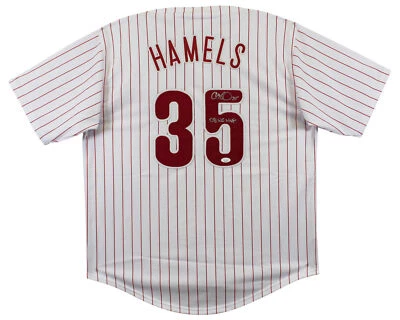 Camiseta Cole Hamels "08 WS MVP" assinada listra branca estilo profissional JSA Witnessed - Imagem 1 de 3