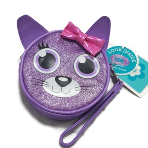 Girls Wristlet Gift Set Purse w Hair Ties Fox Cat Purple Pink Glitter Coin Bag - Picture 1 of 19