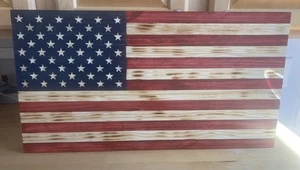 Wooden American Flag 24.7 x 13 x  3/4 Wood Wall Art  Stars Cut Out - Picture 1 of 4