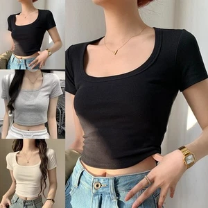 Summer Women Slim Fit U Neck Short Sleeve T Shirt Crop Top for Daily Style - Picture 1 of 31