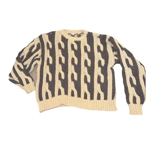 En Crème Chunky Cable Knit Sweater Beige & Blue/Gray Womens L - Picture 1 of 10