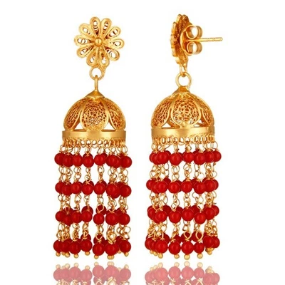 Gold Filigree Chandelier Earring with Red Beads Traditional Ethnic Women Jewelry - Image 1 of 4