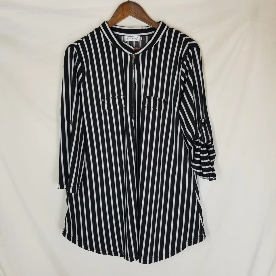 NINEDAILY Mujer 2XL BLUSA JERSY A RAYAS BLANCO Y NEGRO CREMALLERA FRONTAL MANGAS 3/4 Foto 1 de 4
