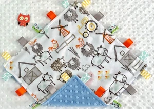 NEW, Double Minky! Farm Animal & Blue Minky Tag Taggie  Security Blanket Baby - Picture 1 of 1