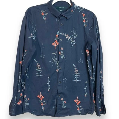 Camisa informal Perry Ellis abotonada para hombre calce medio ajustado azul floral elástica Foto 1 de 4
