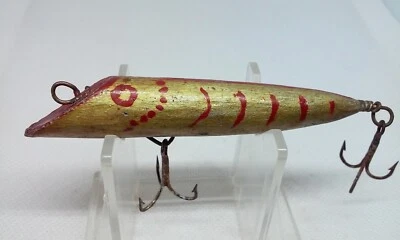 Señuelo de pesca vintage arte popular dorado/rojo 3 1/4" madera tapa agua/tapón de superficie Foto 1 de 4