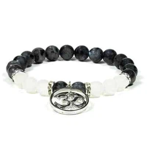 Armband aus Labradorit und Weißer Achat mit Ohm - Perlen Edelstein Tibetisch - Picture 1 of 2
