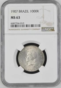 Brazil 1000 Reis 1907 NGC MS 63 - Picture 1 of 2