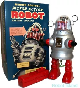 Silver Piston Action Roboter Robby der Roboter Blech batteriebetrieben NEU! - Bild 1 von 3