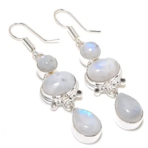 Rainbow Moonstone Gemstone Handmade 925 Sterling Silver Jewelry  Earring Sz 2.3" - Picture 1 of 1