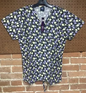 Medgear Spring Tulips Purple Scrub Top Size Large V-Neck New With Tags - Picture 1 of 2