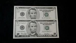 TWO CONSECUTIVE 2003 Five Dollar Federal Reserve STAR NOTES $5 BILLS BUY IT NOW! - Picture 1 of 4
