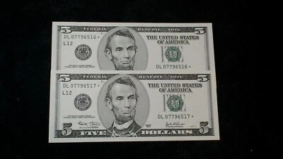 TWO CONSECUTIVE 2003 Five Dollar Federal Reserve STAR NOTES $5 BILLS BUY IT NOW! - Image 1 of 4