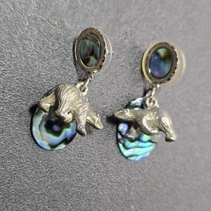 Bear Over Abalone Shell Dangle Drop Layered Figurine Charm 1.25" Pierced - Picture 1 of 9