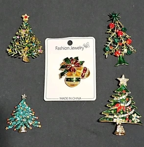 Christmas Rhinestone Brooches - Trees Bells- Lot of 5 (B) - Picture 1 of 6