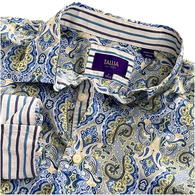 Camisa Tallia Puño Abatible L Para Hombres Abotonada Azul Paisley Algodón Western Cowboy Prep Foto 1 de 4