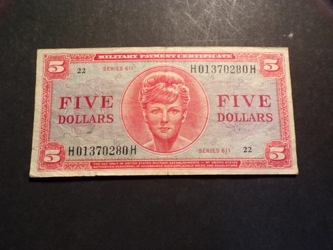 ONE MILITARY $5. NOTE - SERIES 611 - IN FINE CONDITION Cover