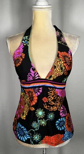 Trina Turk Halter Tankini Swimsuit Top 6 V-Neck Plunge Electric Reef Black $102 - Picture 1 of 12