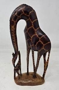 Vintage Hand Carved Wooden Mother & Baby Giraffe 12.5" - Picture 1 of 5