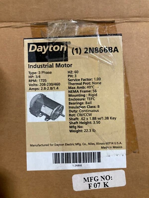 NEW 2N866BA DAYTON INDUSTRIAL 3/4 HP MOTOR  208-230/460 VAC 1725 RPM 3 PHASE - Image 1 of 3
