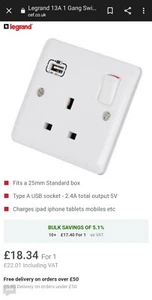 Legrand 13A 2 Gang Switched Socket with USB Outlet White - Picture 1 of 3