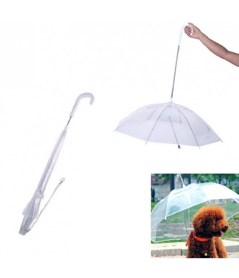 Ombrello Portatile Trasparente Cane Animali Antivento Pioggia Guinzaglio Collare - Immagine 1 di 1