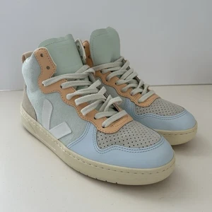 Veja V-15 Leather And Suede Sneaker Womens 8 Jade White Multico High Top Shoes - Picture 1 of 10