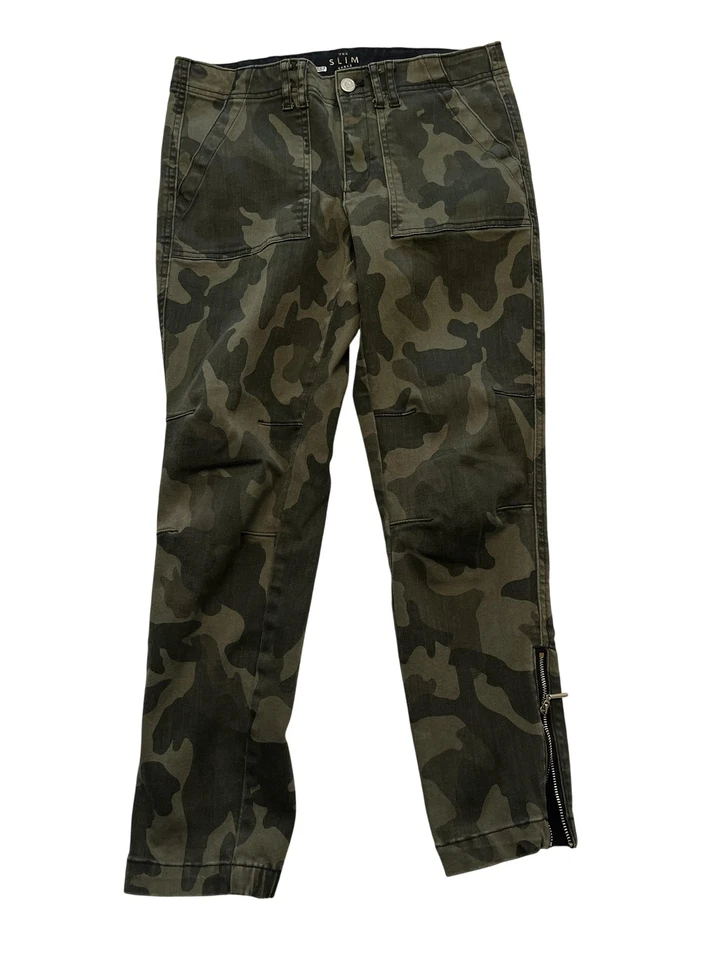 SLIM Ankle Pants Womens 10 Green Camo Stretch Zip Hem Utility Pockets - Image 1 of 4