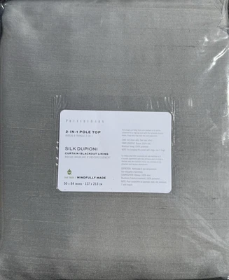 (1) Pottery Barn Silk Dupioni BLACKOUT Lined Curtain Drape Platinum Gray 50x 84" - Image 1 of 2